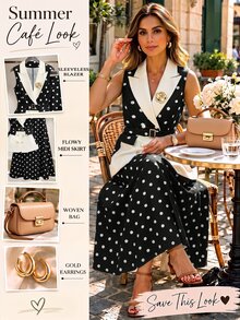 GlowEve CURVE Plus Size Women's Spring/Summer Classic Striped Patchwork Design Business Fashion Sleeveless Blazer And Minimalist A-Line Striped Mid-Length Skirt Suit Set, Business Commute Daily - Black and White - View 2