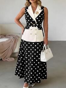 GlowEve CURVE Plus Size Women's Spring/Summer Classic Striped Patchwork Design Business Fashion Sleeveless Blazer And Minimalist A-Line Striped Mid-Length Skirt Suit Set, Business Commute Daily - Black and White - View 6