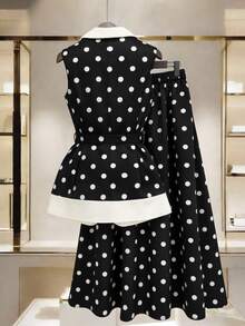 GlowEve CURVE Plus Size Women's Spring/Summer Classic Striped Patchwork Design Business Fashion Sleeveless Blazer And Minimalist A-Line Striped Mid-Length Skirt Suit Set, Business Commute Daily - Black and White - View 3
