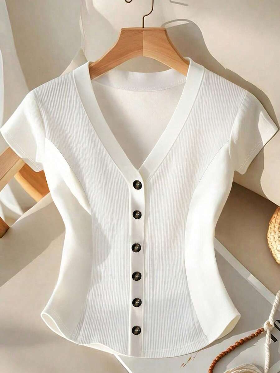 GlowEve Women's Fashion Deep V-Neck Short Sleeve Cinched Waist Metal Button Closure Elegant Romantic Casual Daily Wear, Work, Dinner, Spring/Summer T-Shirt