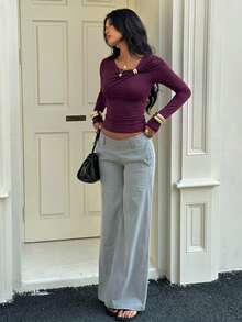 Aloruh Women's Autumn/Winter Elegant Metal Decor Slim Fit T-Shirt - Purple - View 5
