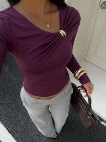Aloruh Women's Autumn/Winter Elegant Metal Decor Slim Fit T-Shirt - Purple - View 9