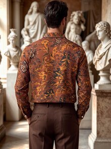 Manfinity Dauomo Brown Vintage Floral Print Men Long Sleeve Button Up Shirt, Retro Casual Style, Spring Summer, Vacation Party Street Daily, Lapel Loose Top - Multicolor - View 3