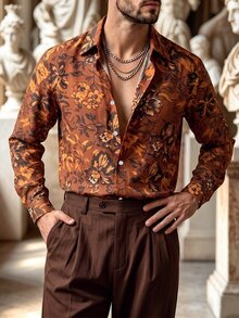 Manfinity Dauomo Brown Vintage Floral Print Men Long Sleeve Button Up Shirt, Retro Casual Style, Spring Summer, Vacation Party Street Daily, Lapel Loose Top - Multicolor - View 1