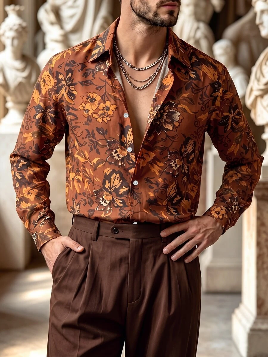 Manfinity Dauomo Brown Vintage Floral Print Men Long Sleeve Button Up Shirt, Retro Casual Style, Spring Summer, Vacation Party Street Daily, Lapel Loose Top - Multicolor - View 1