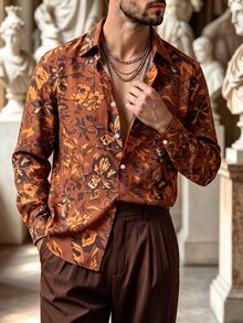 Manfinity Dauomo Brown Vintage Floral Print Men Long Sleeve Button Up Shirt, Retro Casual Style, Spring Summer, Vacation Party Street Daily, Lapel Loose Top - Multicolor - View 6