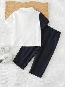 Cozy Pixies Baby Boy Horse Pattern Contrast Color Polo Collar Short Sleeve Top And Elastic Waist Pants 2 Pieces Set Cotton Outfit College Leisure Suits For - Multicolor - View 2