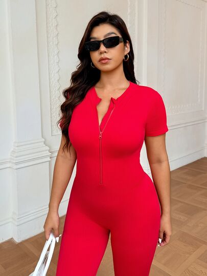 SHEIN Rhythm Era قطعة واحدة بدلة نسائية بلا غرز مقاس كبير، بدلة ضيقة مرنة، بدلة رياضية ضيقة وجذابة، بدلة قصيرة، تصميم سحاب
