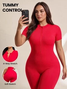 SHEIN Rhythm Era 1件装加大码女士无缝连体裤，罗纹紧身连体裤，性感修身，运动连体裤，连身衣，拉链设计 - 紅色 - 查看 1