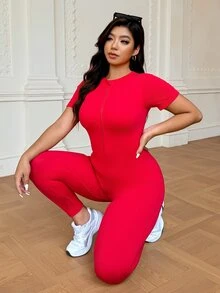 SHEIN Rhythm Era 1件装加大码女士无缝连体裤，罗纹紧身连体裤，性感修身，运动连体裤，连身衣，拉链设计 - 紅色 - 查看 6