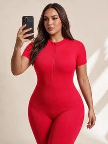 SHEIN Rhythm Era 1件装加大码女士无缝连体裤，罗纹紧身连体裤，性感修身，运动连体裤，连身衣，拉链设计 - 紅色 - 查看 7
