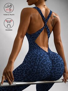 Slayform Slayform 1pc Women's Leopard Print Cropped Length Yoga Workout Jumpsuit - Navy Blue - View 1