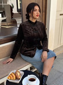 EastFlair Plus Size Elegant Vintage Frog Button Long Sleeve Shirt For Vacation Fall - Brown - View 2