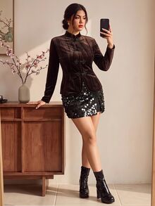 EastFlair Plus Size Elegant Vintage Frog Button Long Sleeve Shirt For Vacation Fall - Brown - View 6