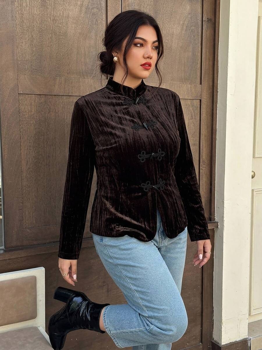 EastFlair Plus Size Elegant Vintage Frog Button Long Sleeve Shirt For Vacation Fall - Brown - View 1