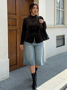 EastFlair Plus Size Elegant Vintage Frog Button Long Sleeve Shirt For Vacation Fall - Brown - View 3