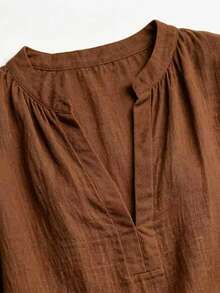 Glimmora Women's Solid Color Notch V-Neck Dropped Shoulder 3/4 Sleeve Casual Blouse - Coffee Brown - View 6