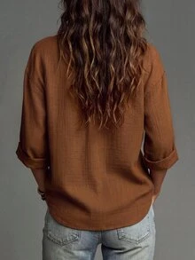 Glimmora Women's Solid Color Notch V-Neck Dropped Shoulder 3/4 Sleeve Casual Blouse - Coffee Brown - View 2