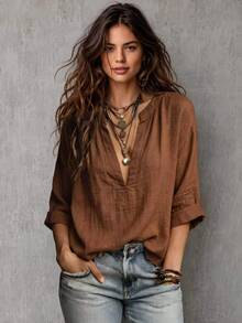 Glimmora Women's Solid Color Notch V-Neck Dropped Shoulder 3/4 Sleeve Casual Blouse - Coffee Brown - View 1