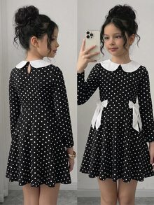 SHEIN 青少年女孩波點蝴蝶結黑白對比長袖萬聖節洋裝 - 黑與白 - 查看 5