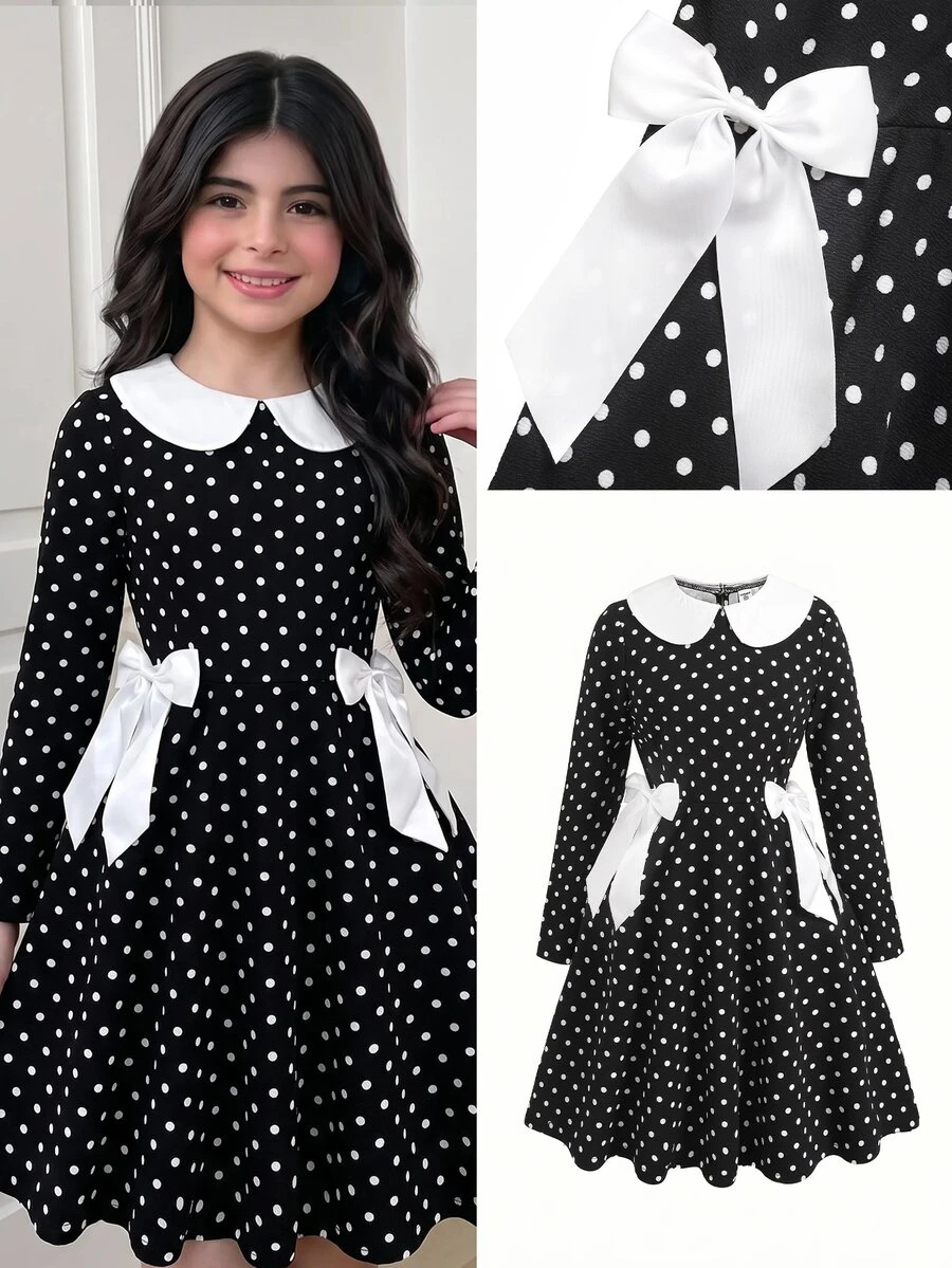 SHEIN Kids Tween Girls Dresses Polka Dot Bow Black & White Contrast Long Sleeve Halloween