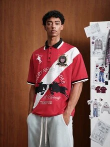 TOKVUE 男士拼色拼接短袖 Polo 衫 - 紅色 - 查看 1