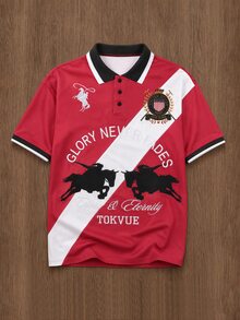TOKVUE 男士拼色拼接短袖 Polo 衫 - 紅色 - 查看 3