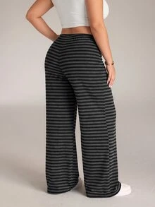 SHEIN PETITE CURVE Plus Size Casual Loose Striped Pants - Black - View 2
