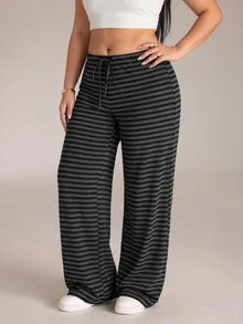 SHEIN PETITE CURVE Plus Size Casual Loose Striped Pants - Black - View 6