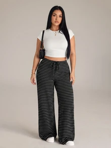 SHEIN PETITE CURVE Plus Size Casual Loose Striped Pants - Black - View 7