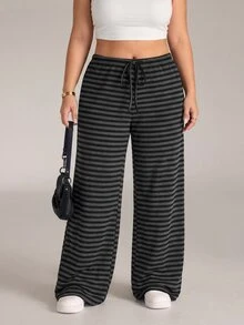 SHEIN PETITE CURVE Plus Size Casual Loose Striped Pants - Black - View 4