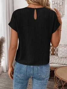 Easowa Blus Wanita Kasual Warna Polos Lengan Pendek dengan Tali Ikat, Pakaian Sehari-hari Dasar Musim Semi/Panas, Kasual - Hitam - View 2