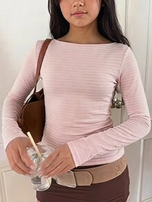 SHEIN 青少年女孩秋冬休閒極簡奶油多巴胺粉針織條紋露肩長袖修身T恤，春夏風格，秋冬疊穿，Y2K上衣，適合返校與日常穿著 - 粉色 - 查看 3