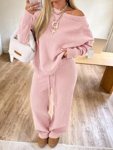 SHEIN PETITE CURVE 大尺碼甜美舒適長袖毛衣與抽繩腰長褲套裝 秋季 - 淺粉色 - 查看 4