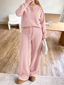 SHEIN PETITE CURVE 大尺碼甜美舒適長袖毛衣與抽繩腰長褲套裝 秋季 - 淺粉色 - 查看 5