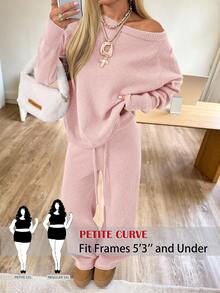 SHEIN PETITE CURVE 大尺碼甜美舒適長袖毛衣與抽繩腰長褲套裝 秋季 - 淺粉色 - 查看 8
