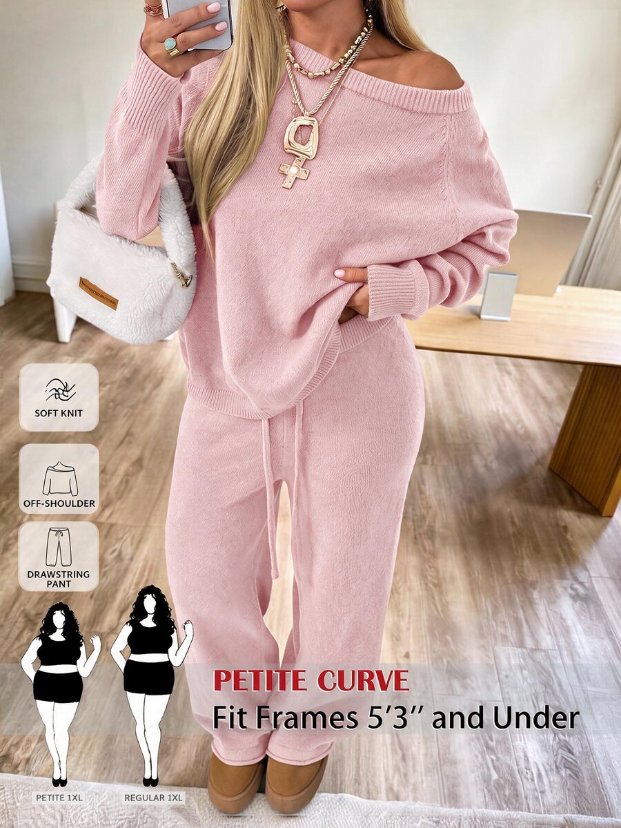 SHEIN PETITE CURVE 大尺碼甜美舒適長袖毛衣與抽繩腰長褲套裝 秋季 - 淺粉色 - 查看 1