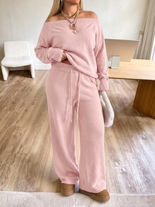 SHEIN PETITE CURVE 大尺碼甜美舒適長袖毛衣與抽繩腰長褲套裝 秋季 - 淺粉色 - 查看 3