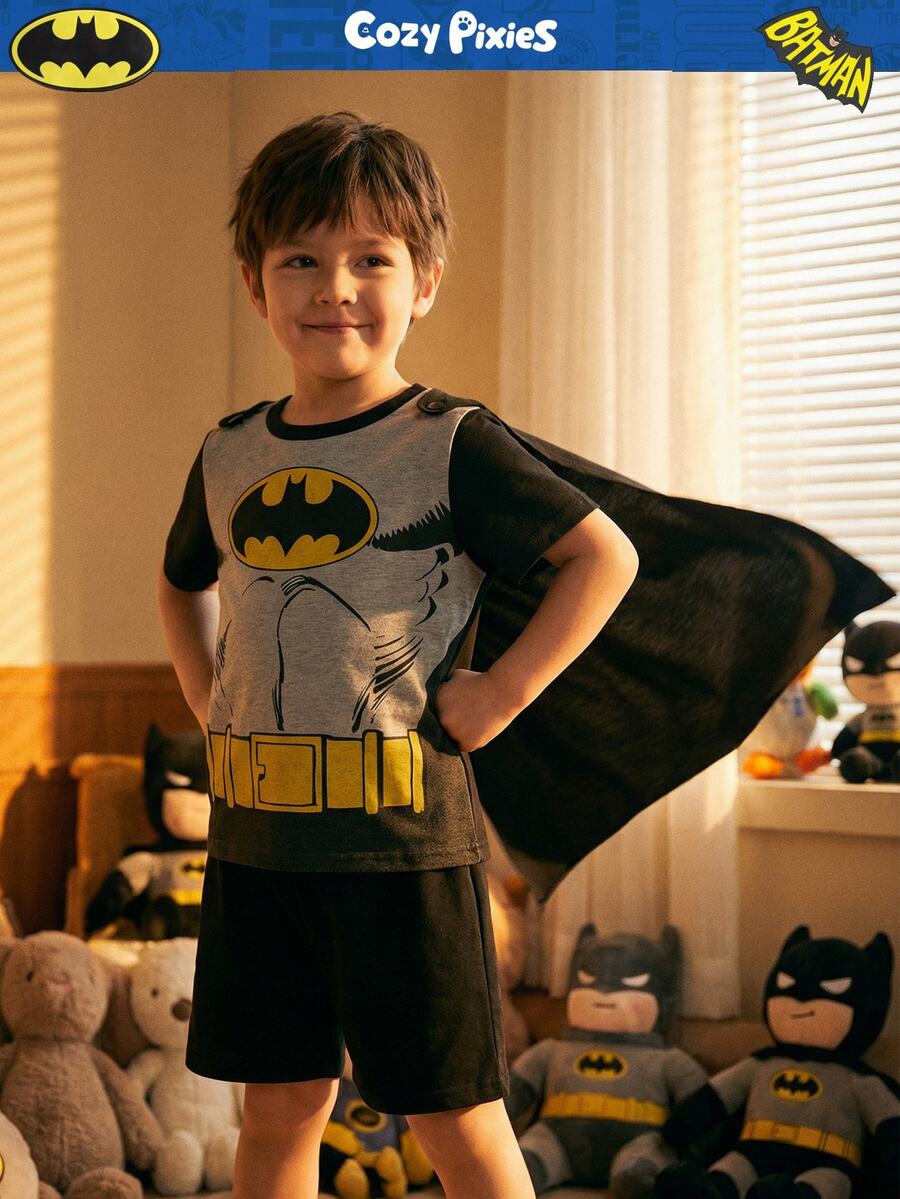 BATMAN X Cozy Pixies 3pcs/Set Young Boy Hero Pattern Contrast Color Soft Knit Round Neck Top,Elastic Waist Shorts,Shawl Character Clothes Summer Family Matching Kids Sets - Black - View 1