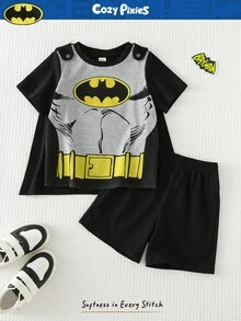 BATMAN X Cozy Pixies 3pcs/Set Young Boy Hero Pattern Contrast Color Soft Knit Round Neck Top,Elastic Waist Shorts,Shawl Character Clothes Summer Family Matching Kids Sets - Black - View 4