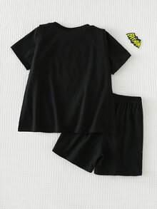 BATMAN X Cozy Pixies 3pcs/Set Young Boy Hero Pattern Contrast Color Soft Knit Round Neck Top,Elastic Waist Shorts,Shawl Character Clothes Summer Family Matching Kids Sets - Black - View 3
