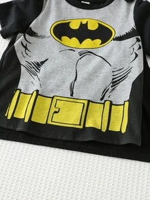 BATMAN X Cozy Pixies 3pcs/Set Young Boy Hero Pattern Contrast Color Soft Knit Round Neck Top,Elastic Waist Shorts,Shawl Character Clothes Summer Family Matching Kids Sets - Black - View 6