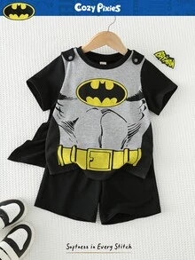 BATMAN X Cozy Pixies 3pcs/Set Young Boy Hero Pattern Contrast Color Soft Knit Round Neck Top,Elastic Waist Shorts,Shawl Character Clothes Summer Family Matching Kids Sets - Black - View 2