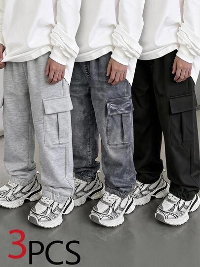 SHEIN Genkimix Kids Young Boy Simple Versatile Cargo Sweatpants 3 Pieces Set
