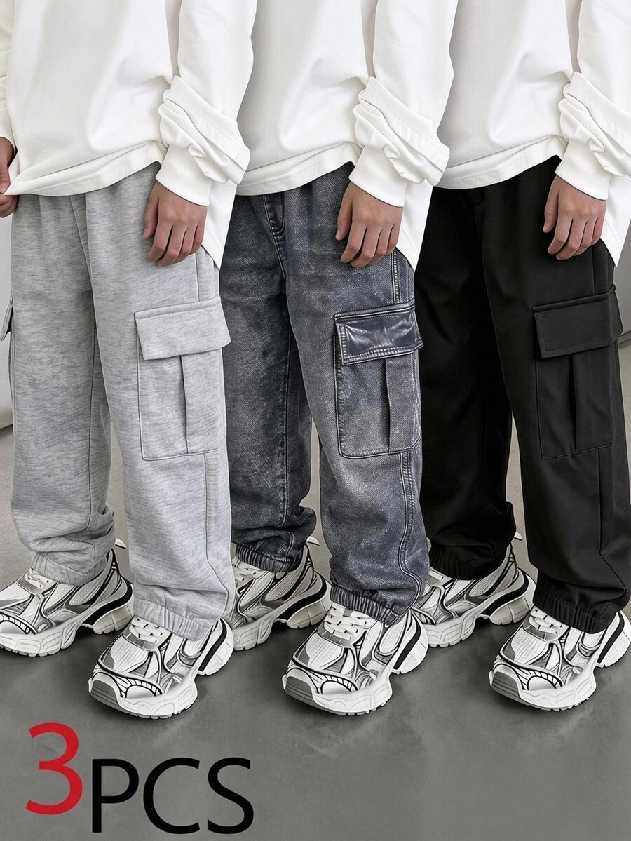 SHEIN Genkimix Kids Young Boy Simple Versatile Cargo Sweatpants 3 Pieces Set - Multicolor - View 1