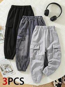 SHEIN Genkimix Kids Young Boy Simple Versatile Cargo Sweatpants 3 Pieces Set - Multicolor - View 2
