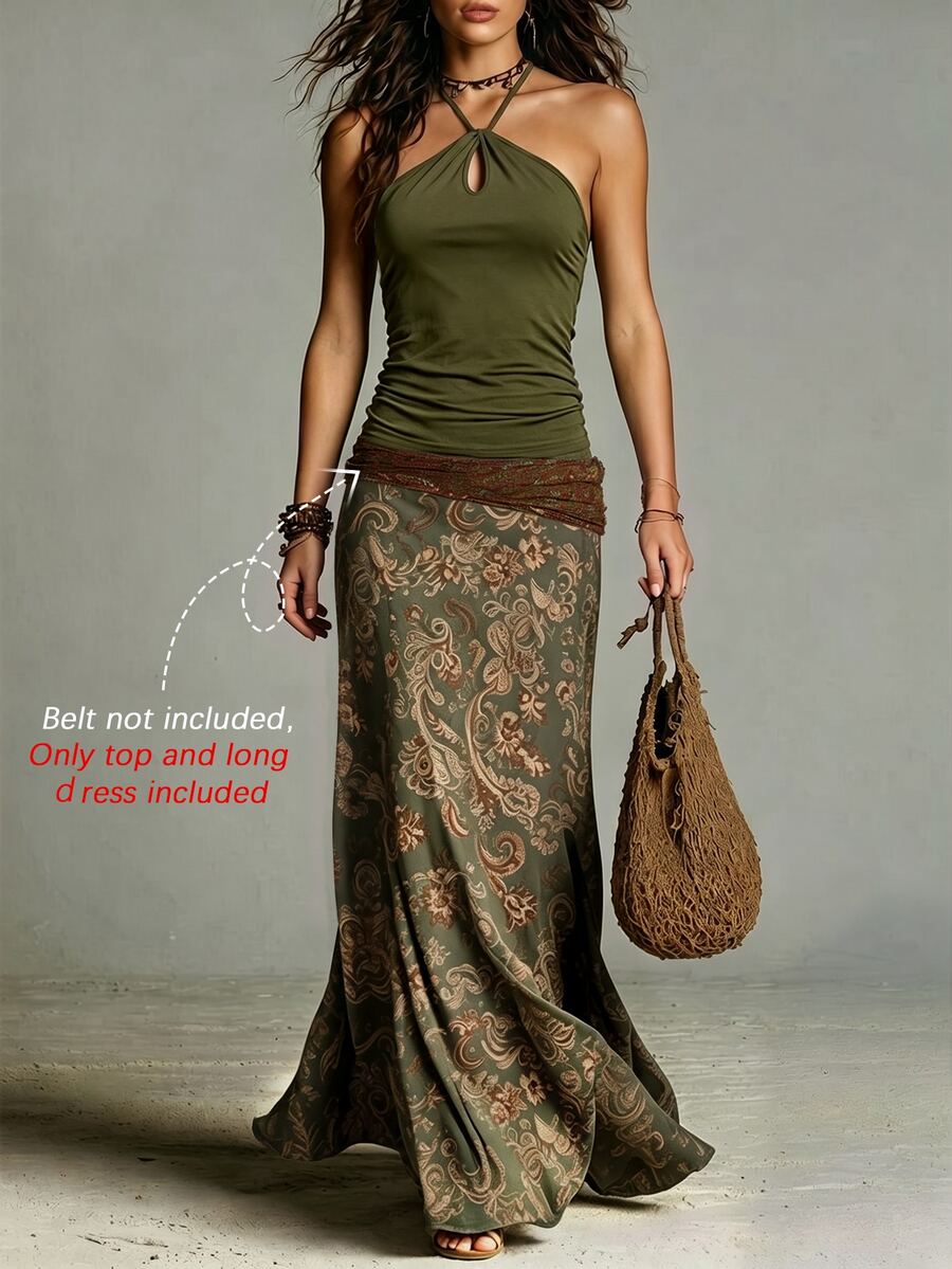Glimmora Retro Olive Green Halter Top & Skirt Set With Openwork Twist Neck, Two Pieces Set For Beach Vacation - Army Green - View 1