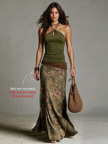 Glimmora Retro Olive Green Halter Top & Skirt Set With Openwork Twist Neck, Two Pieces Set For Beach Vacation - Army Green - View 4
