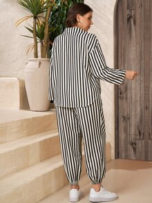 Comfylo Women's Plus Size Collared Long Sleeve Striped Shirt And Long Pants 2 Pieces Set Fall - Black and White - View 2