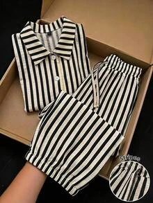 Comfylo Women's Plus Size Collared Long Sleeve Striped Shirt And Long Pants 2 Pieces Set Fall - Black and White - View 1